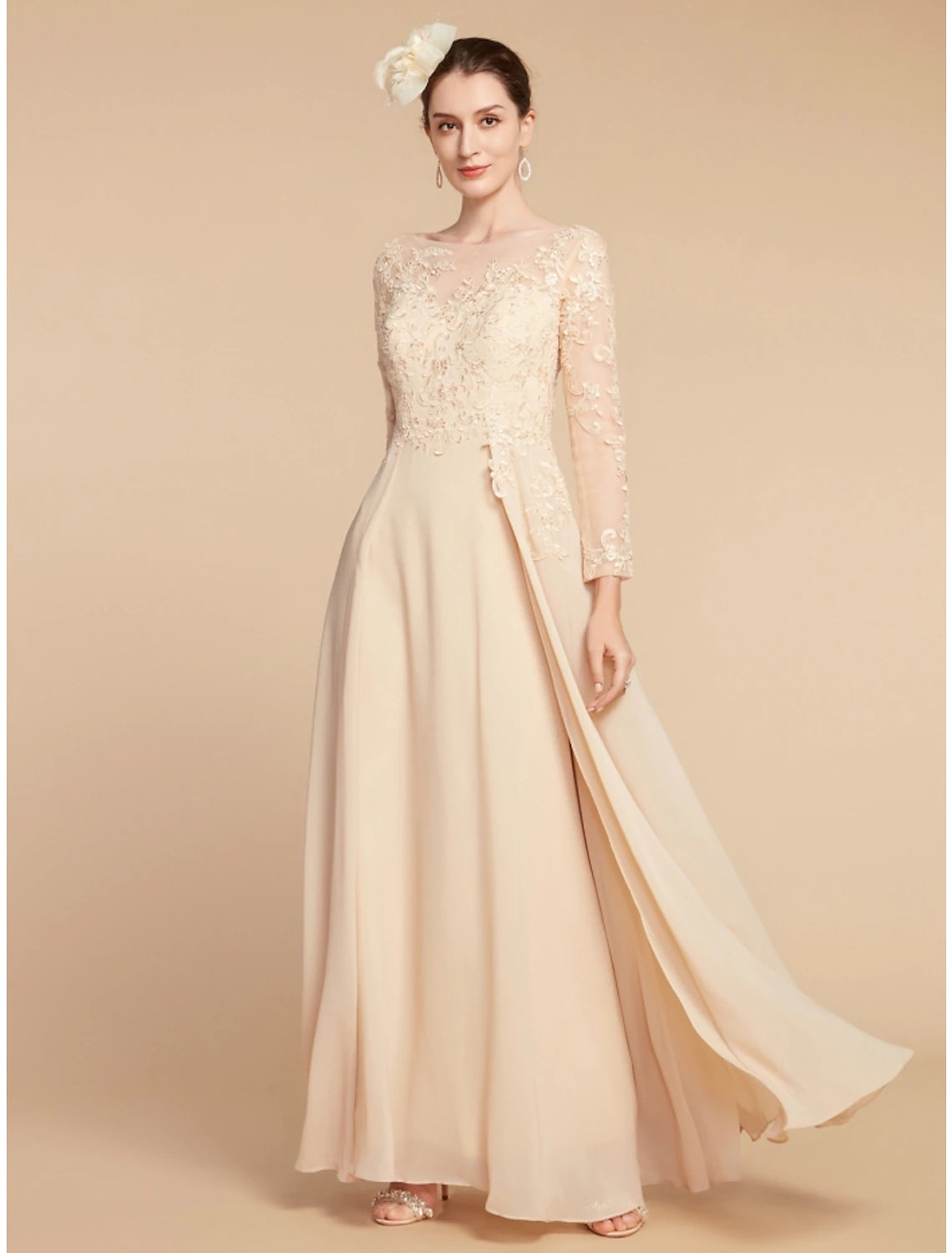 Luxury Women's Clothes A-Line Mother of the Bride Dress Wedding Guest Elegant Jewel Neck Ankle Length Chiffon Lace Long Sleeve with Ruching Solid Color