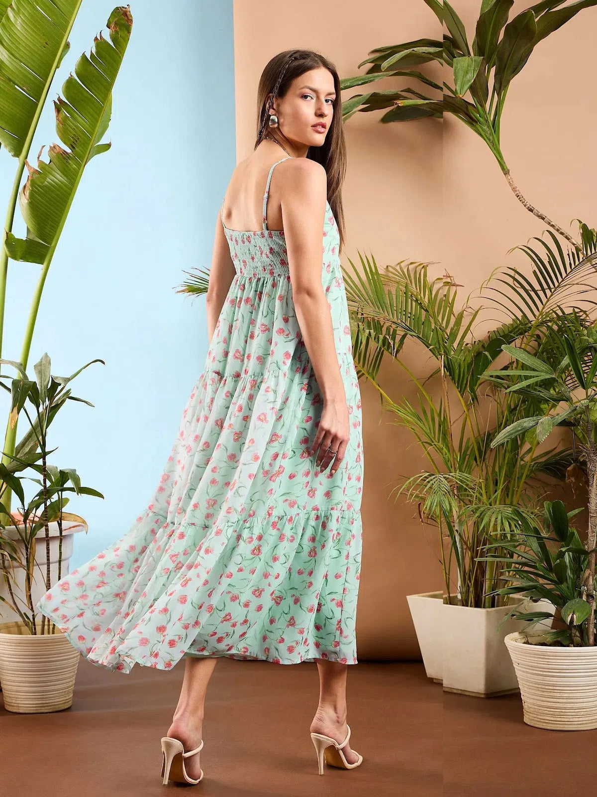 Women's Activewear Attire Women See Green Floral Strappy Tiered Maxi Dress