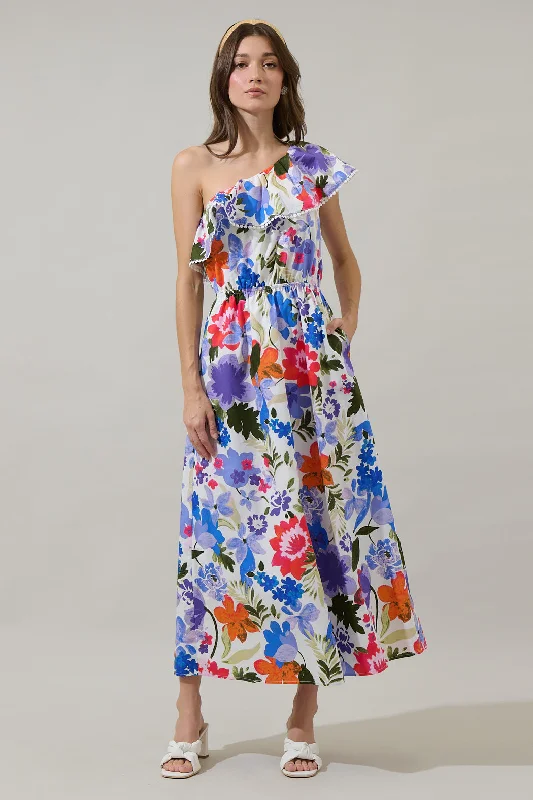 Women's Comfy Attire For Lounging Amania Floral Suraya One Shoulder Midi Dress