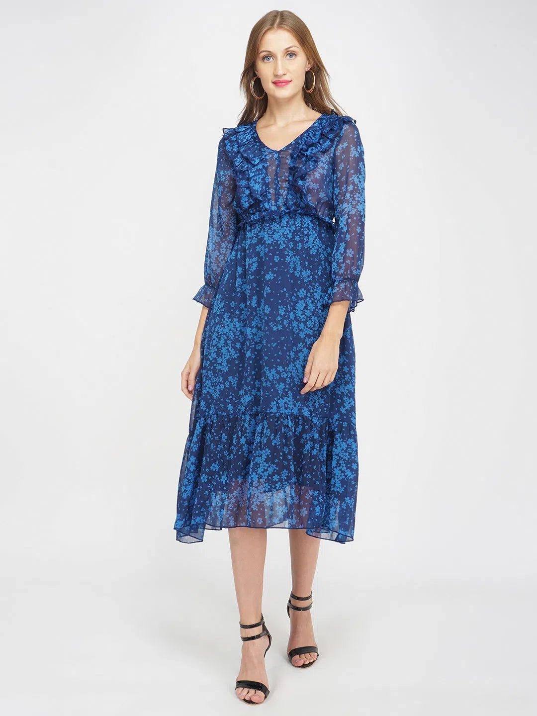 Women's Functional Outdoor Garments Blue Floral Print Women's Midi Dress