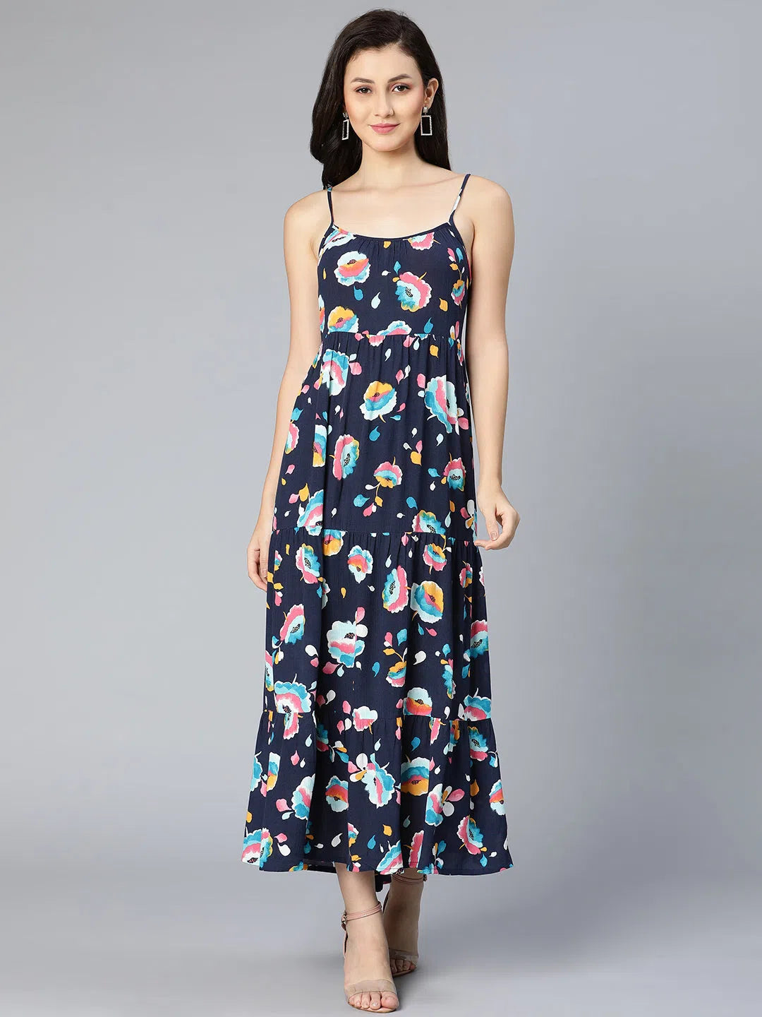 Women's Casual Apparel Brace blue floral printed shoulder strapped women dress