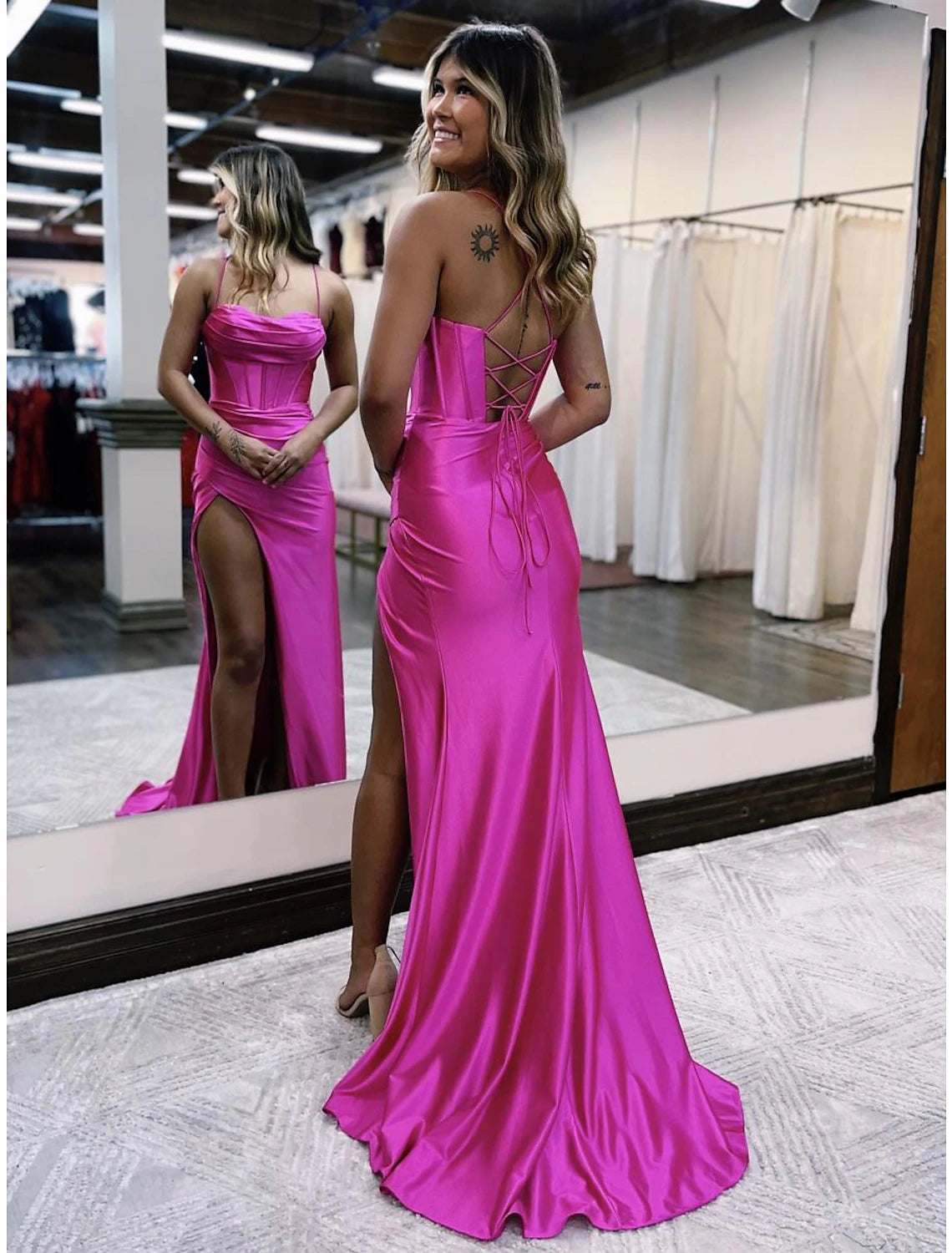 Fashion-Forward Women's Clothing Mermaid / Trumpet Prom Dresses Empire Dress Formal Wedding Party Sweep / Brush Train Sleeveless Spaghetti Strap Satin Backless with Pleats