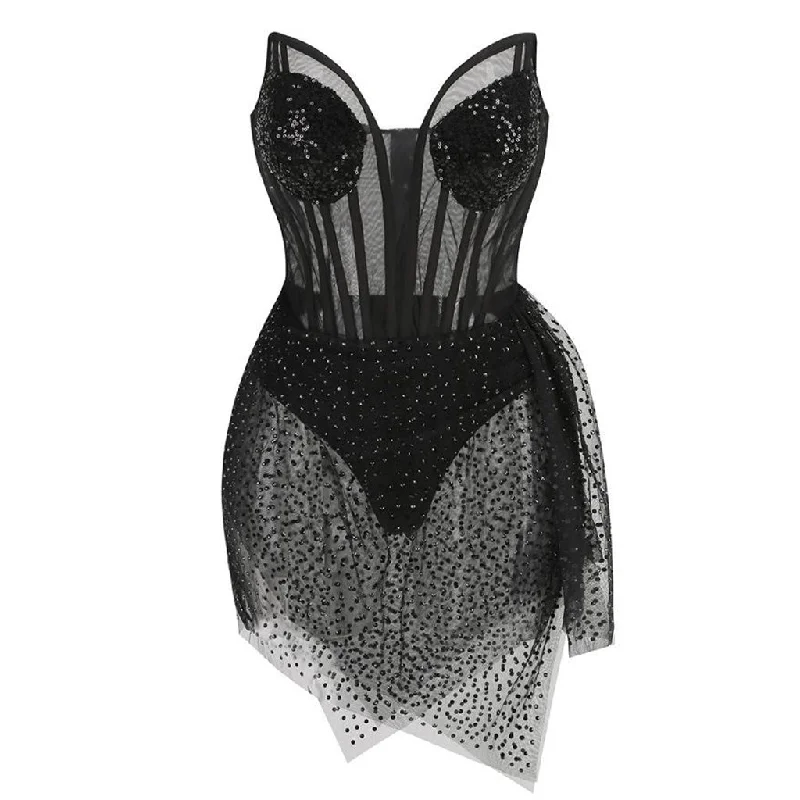 Women's Outerwear Apparel Sexy Sheer Mesh Sequin Rhinestone Sweetheart Corset Bustier Strapless Mini Dress