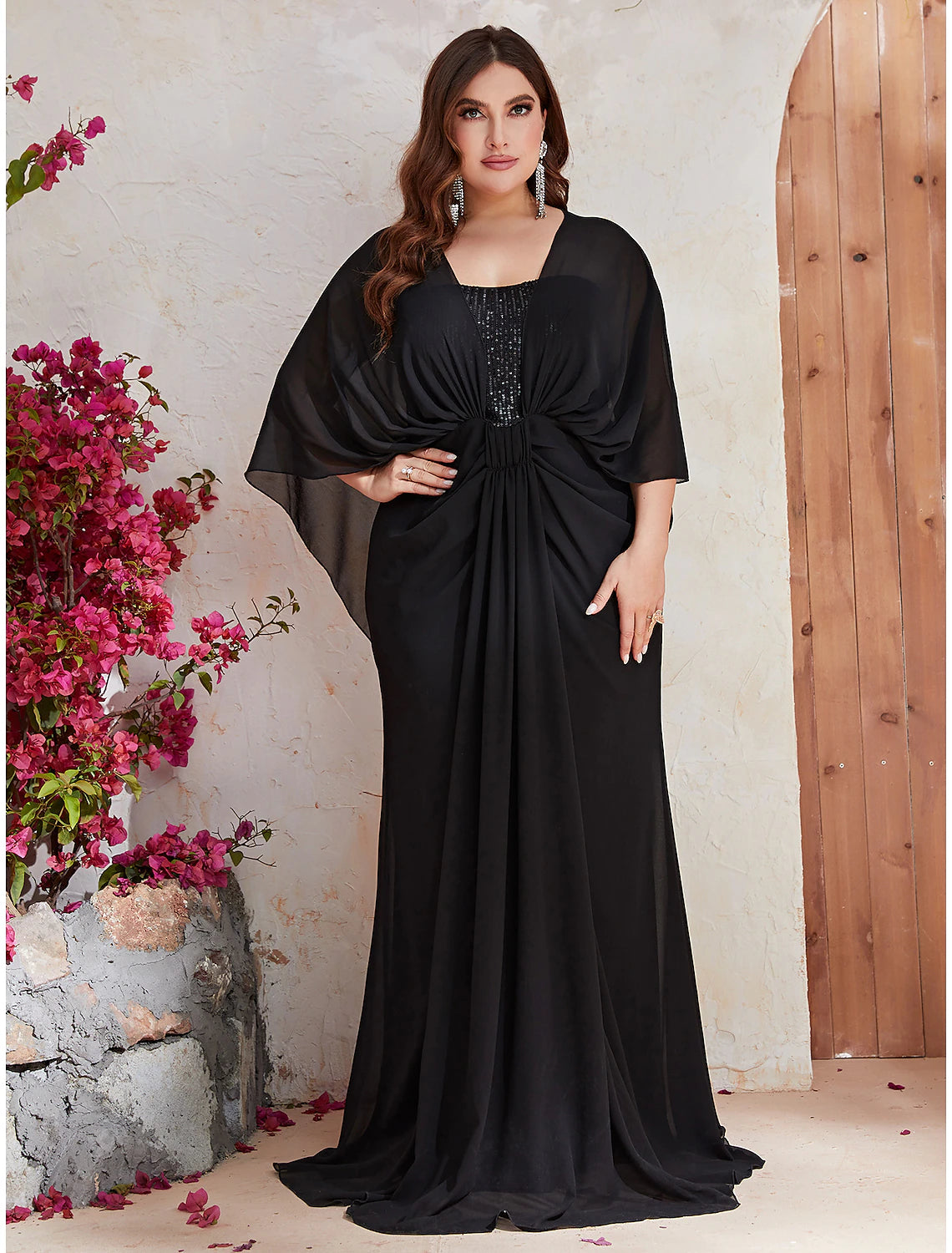 Women's Trendy Clothing Mermaid / Trumpet Wedding Guest Dresses Plus Size Dress Formal Evening Party Dress Sweep / Brush Train Long Sleeve V Neck Polyester with Sequin Shawl