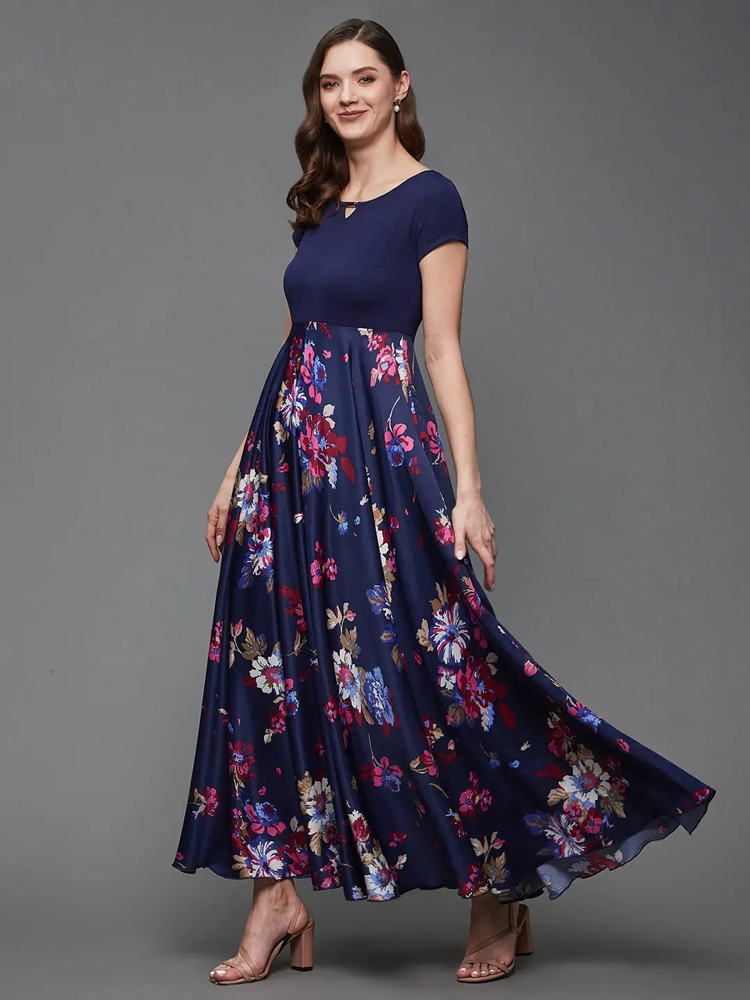 Women's Chic Outerwear Outfit Spring Blossom Floral Printed Maxi Dress Multicolored-Base-Navy Blue