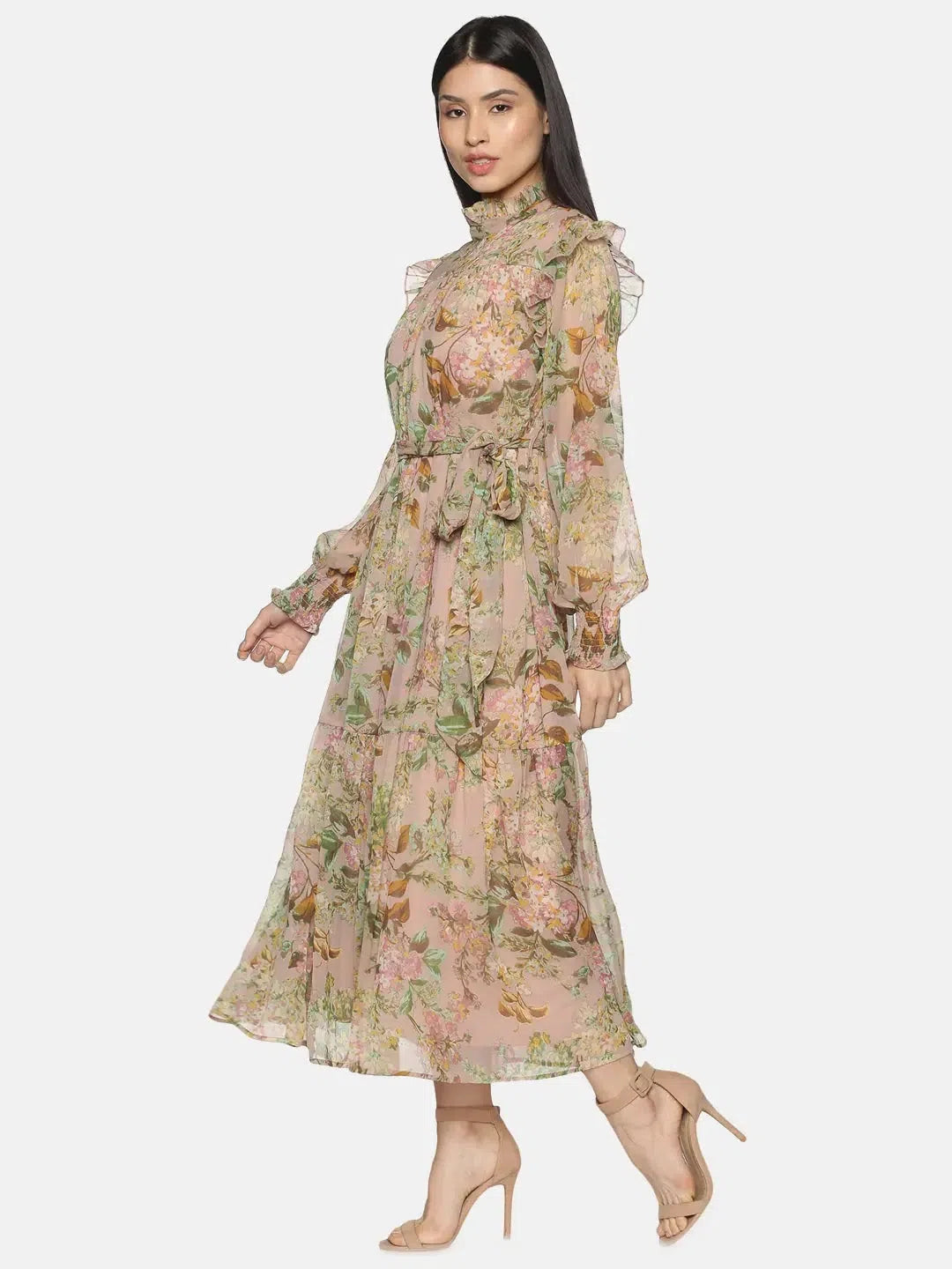 Women's Functional Outfit For Outdoor Activities Beige Floral Tiered Midaxi Dress-17177