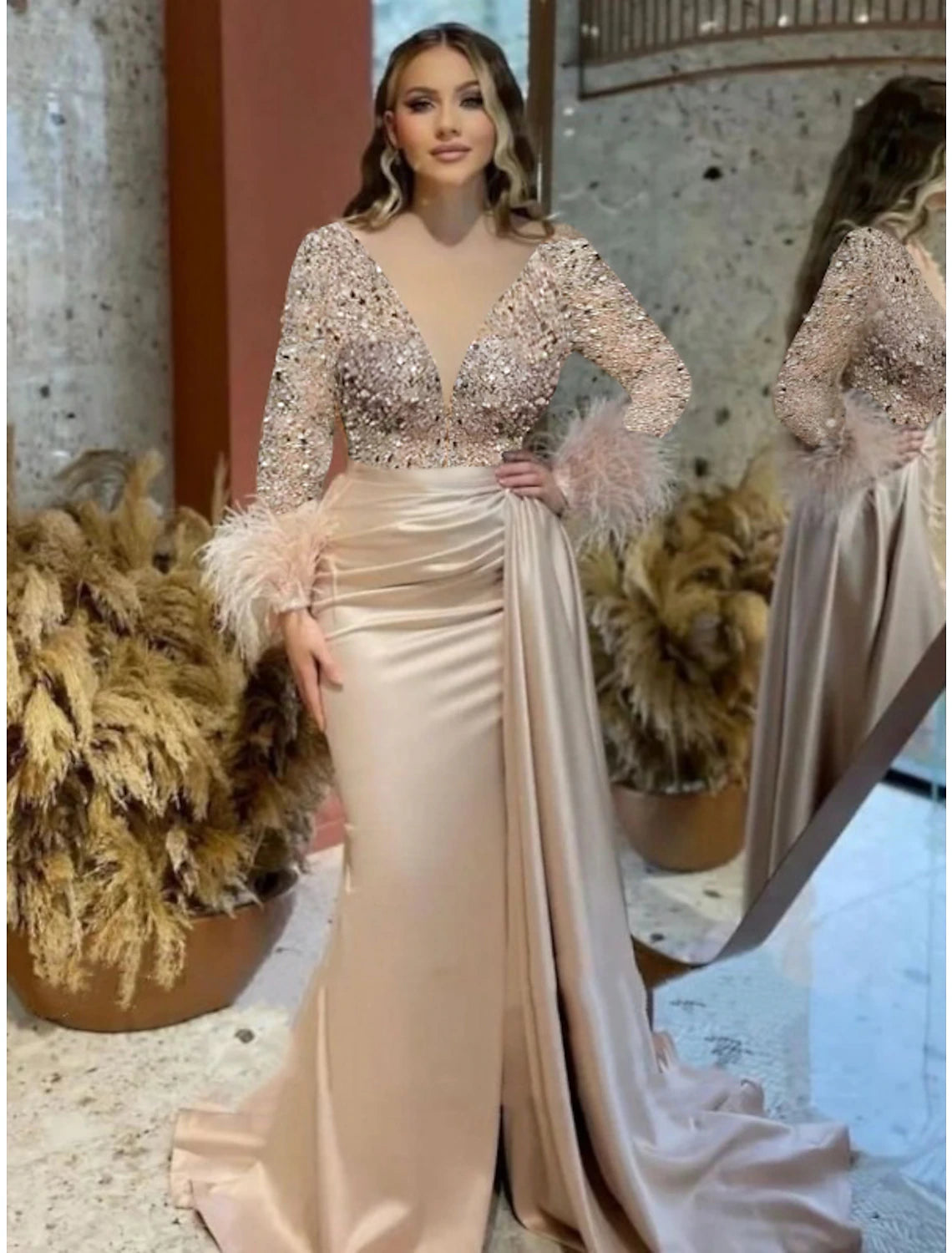 Women's Sporty Chic Clothes Mermaid Plus Size Dress Champagne Satin Evening Gown Sparkle Sequin Dress Walk Through Formal Wedding Court Train Long Sleeve V Neck with Feather Glitter Ruched