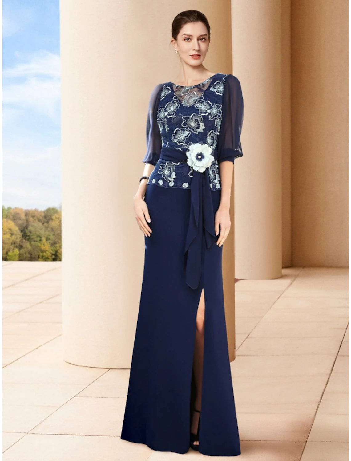 Women's Casual Outfit Sheath / Column Mother of the Bride Dress Wedding Guest Elegant Jewel Neck Floor Length Stretch Chiffon Half Sleeve with Split Front Ruching Flower