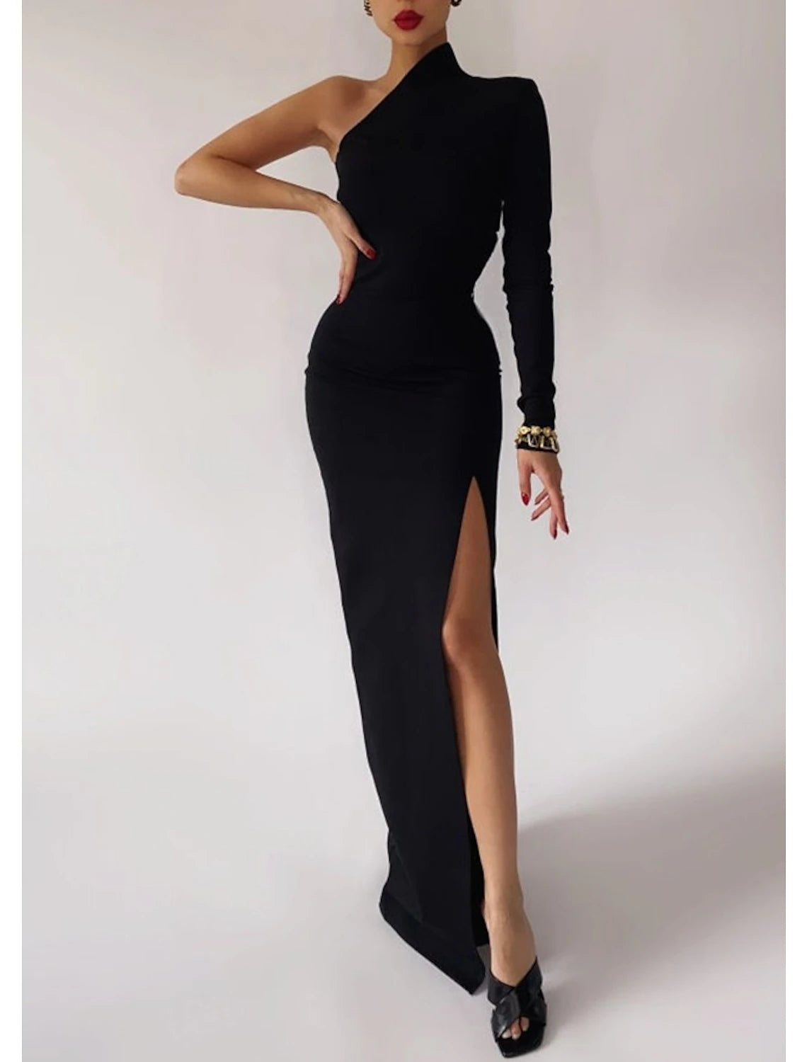 Women's Clothing For Casual Outings Mermaid Black Dress Plus Size Evening Gown Minimalist Dress Formal Evening Sweep / Brush Train Long Sleeve One Shoulder Fall Wedding Guest Stretch Fabric with Slit Pure Color