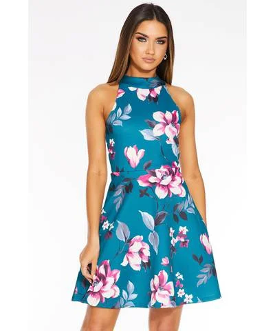 Women's Clothing For Outdoor Events Teal Floral Print Skater Dress