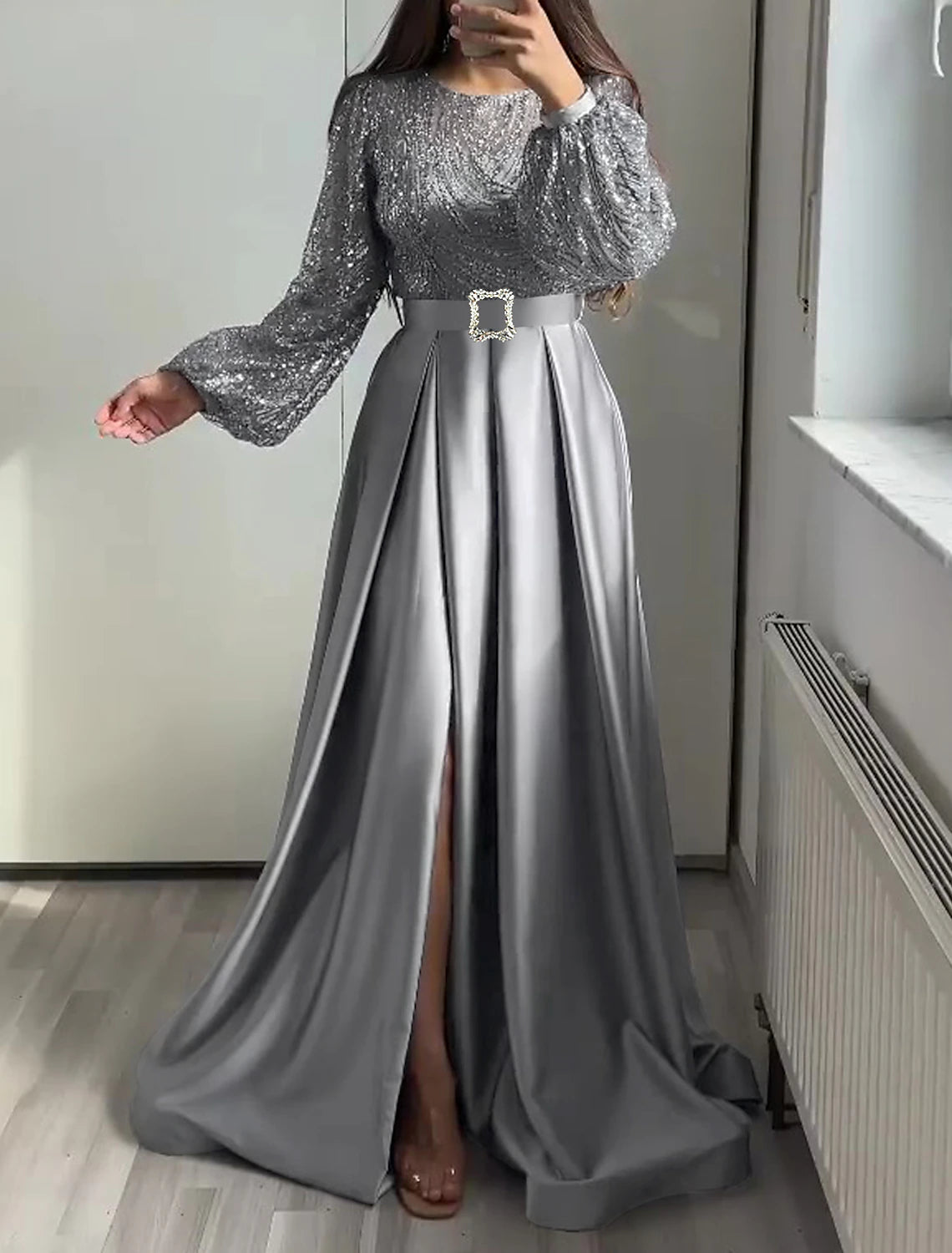 Casual Attire For Women A-Line Evening Gown Glittering Dress Wedding Black Tie Floor Length Long Sleeve Jewel Neck Fall Wedding Guest Satin with Sequin