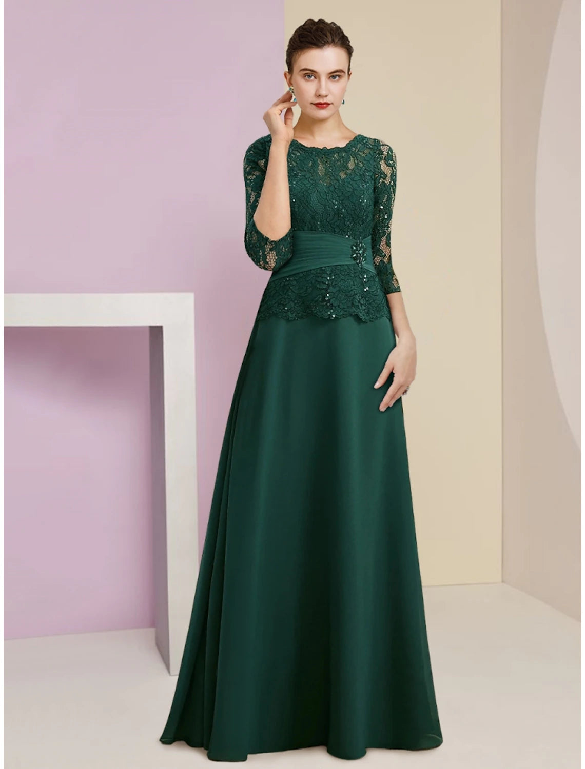 Women's Chic Outfit A-Line Mother of the Bride Dress Wedding Guest Elegant Scoop Neck Floor Length Stretch Chiffon 3/4 Length Sleeve with Lace Sequin Ruching