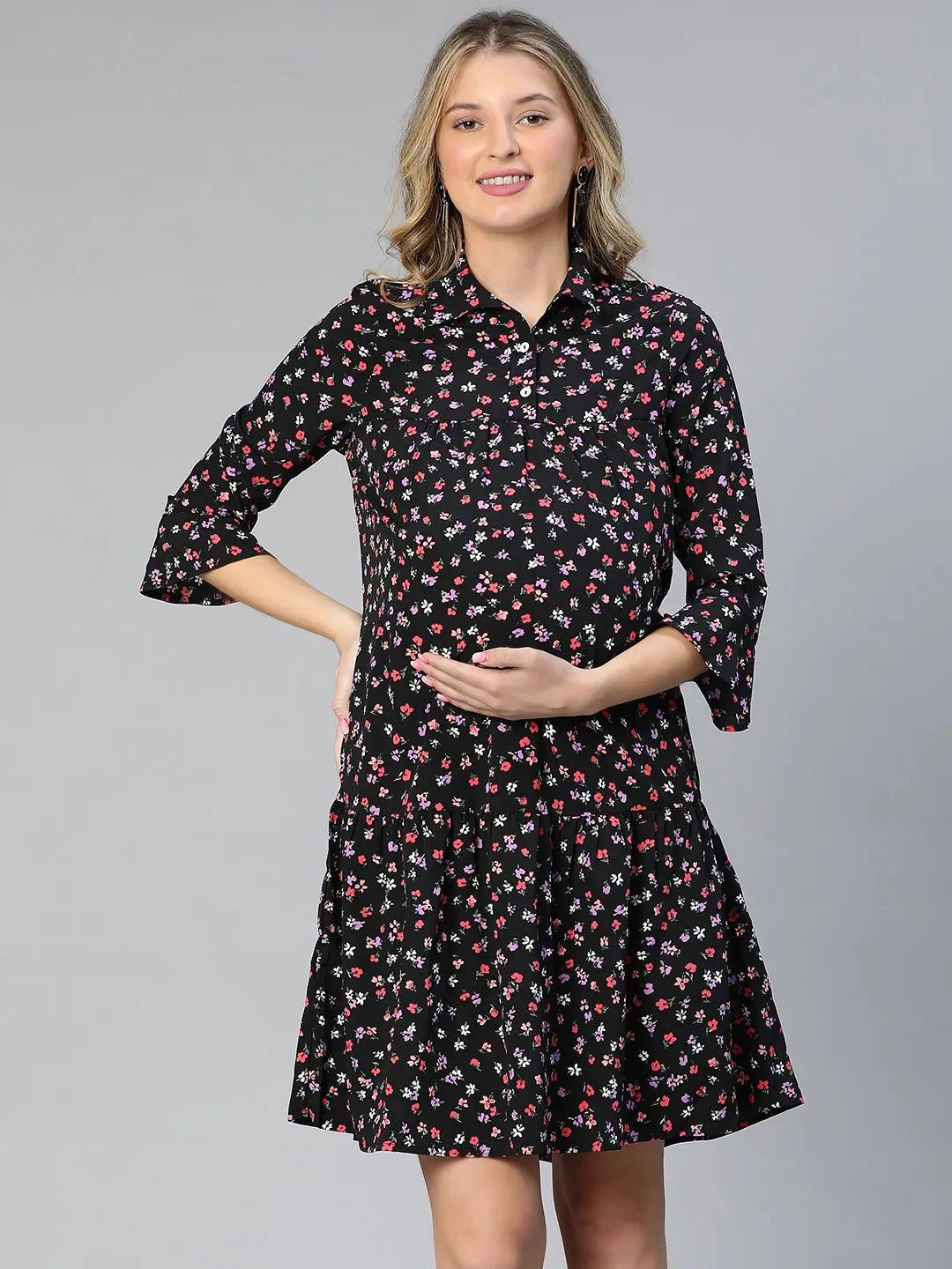 Women's Clothes For Special Occasions Emerged Black Floral Print Collared Women Maternity Dress