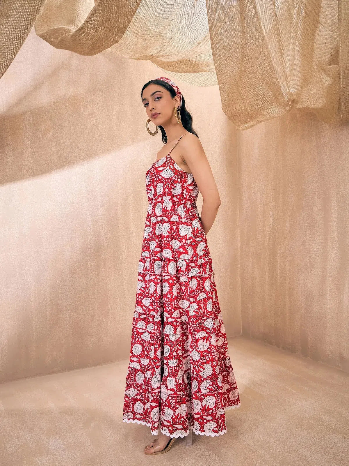 Women's Clothing And Garments Sets Women Red Floral Front Slit Strappy Maxi