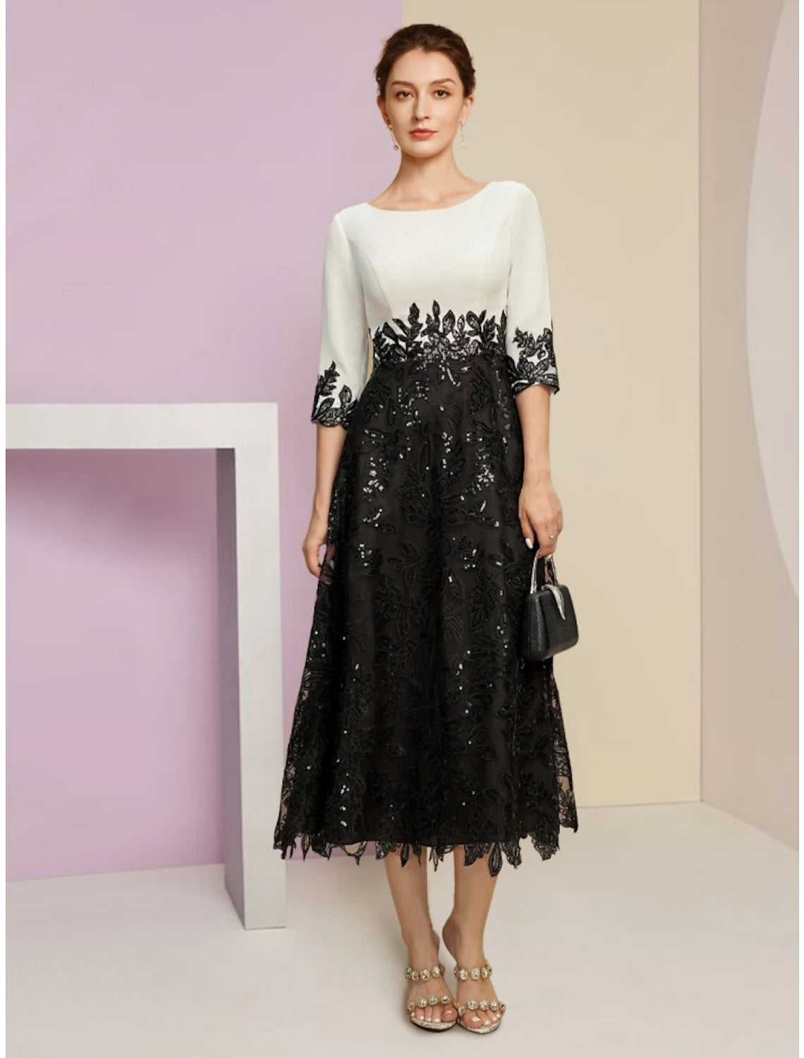 Women's Clothes For Outdoor Events A-Line Mother of the Bride Dress Wedding Guest Elegant Scoop Neck Tea Length Stretch Chiffon Half Sleeve with Lace Sequin Ruching