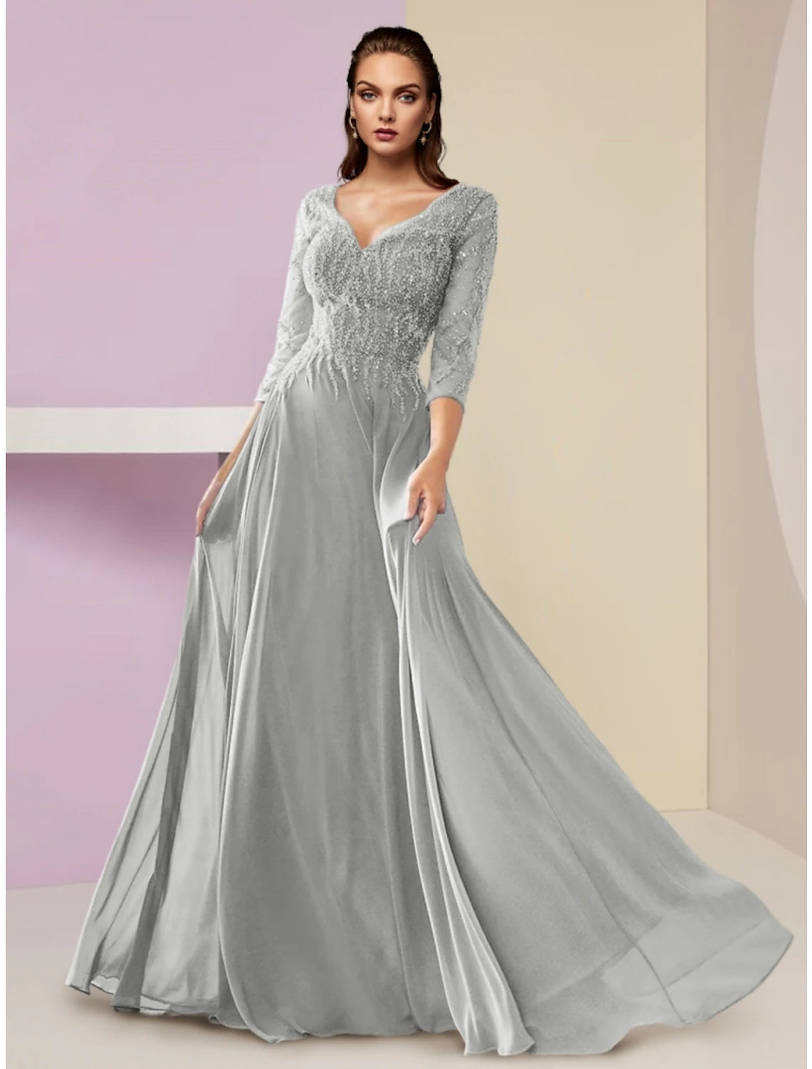 Women's Outerwear Attire A-Line Mother of the Bride Dress Wedding Guest Party Elegant V Neck Floor Length Chiffon 3/4 Length Sleeve with Sequin Ruching