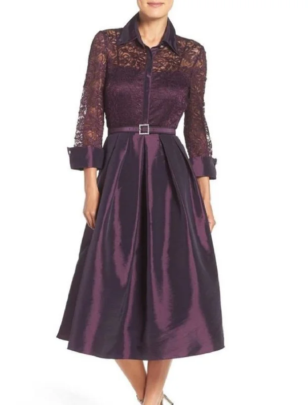 Women's Professional Apparel A-Line Mother of the Bride Dress Wedding Guest Elegant Petite Shirt Collar Tea Length Satin Lace Long Sleeve with Sash / Ribbon Ruching Solid Color