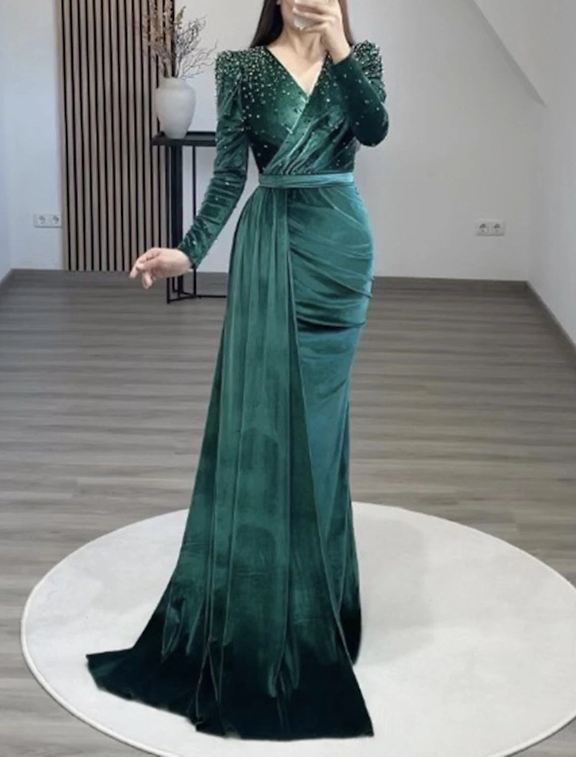 Stylish Women's Clothing Mermaid Party Dress Evening Gown Maxi Dress Formal Black Tie Gala Floor Length Long Sleeve V Neck Fall Wedding Guest Velvet with Ruched Pearls