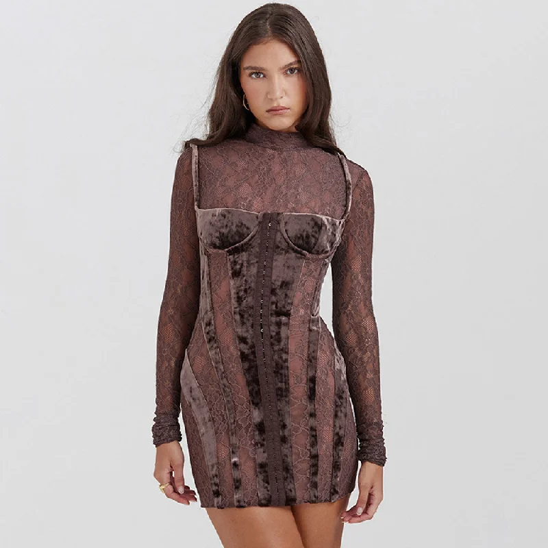 Women's Sports Apparel Nostalgic High Neck Long Sleeve Velvet Panel Sheer Lace Corset Mini Dress