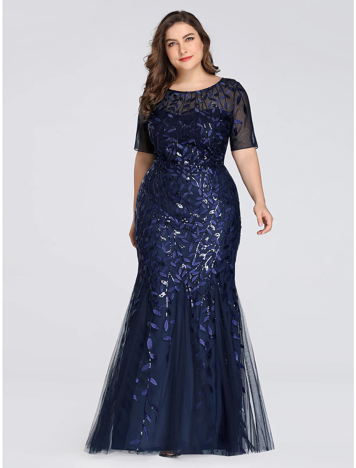 Stylish Women's Garments Mermaid / Trumpet Evening Gown Plus Size Dress Formal Evening Floor Length Short Sleeve Jewel Neck Fall Wedding Guest Tulle Ladder Back with Sequin Appliques