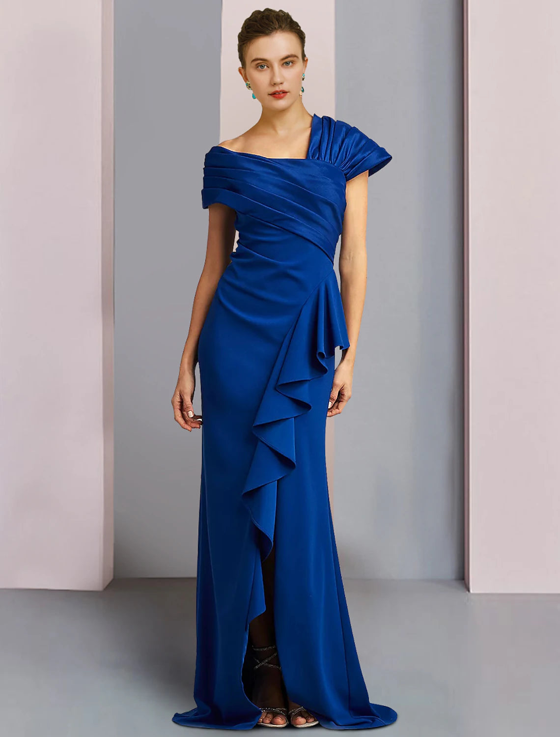 Women's Trendy Apparel Mermaid / Trumpet Mother of the Bride Dress Formal Wedding Guest Elegant One Shoulder Sweep / Brush Train Satin Sleeveless with Ruched Ruffles