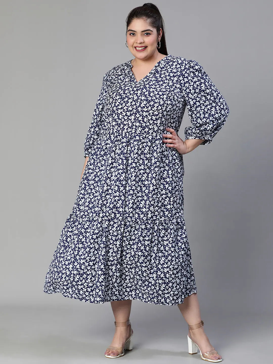 Women's Plus-Size Clothes Queen Floral Print Maxi Syle Blue Plus Size Women Dress