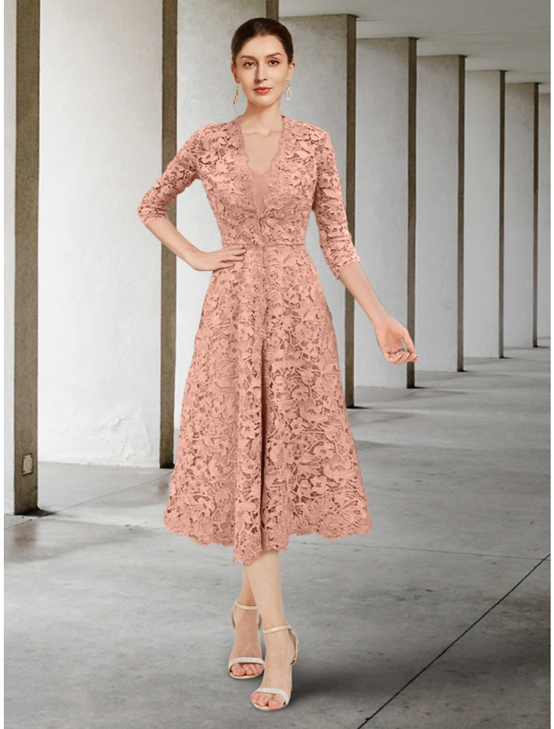 Timeless Women's Garments A-Line Mother of the Bride Dress Wedding Guest Elegant Petite V Neck Tea Length Chiffon 3/4 Length Sleeve with Ruching Solid Color