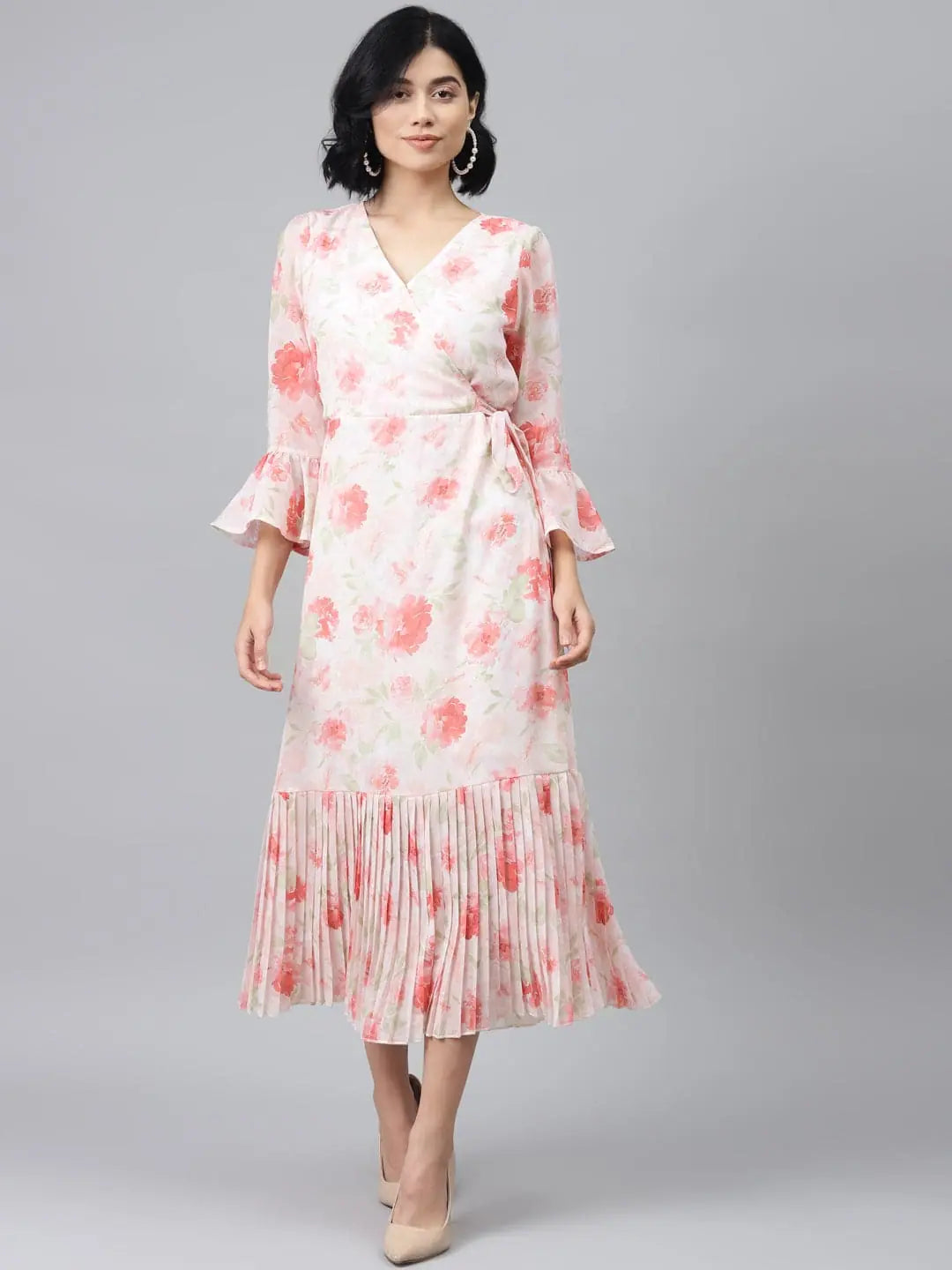 Women's Clothing With Trendy Designs Light Pink Floral Pleated Midi Dress