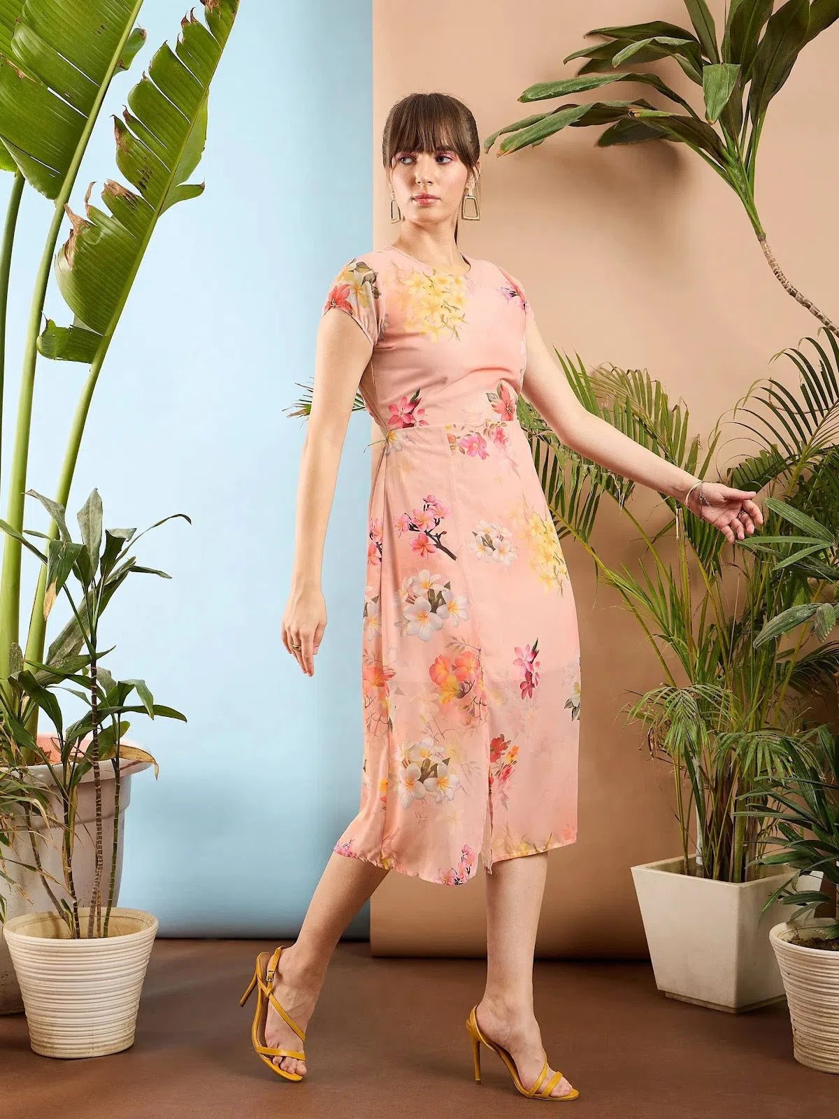 Women's Formal Event Attire Women Peach Floral Back Cut Out Dress