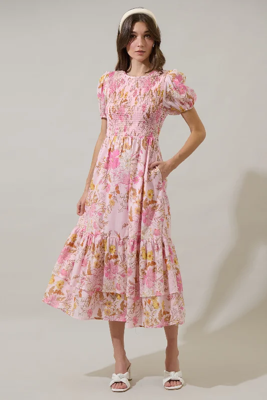 Women's Travel Garments Solanda Floral Aruba Smocked Midi Dress