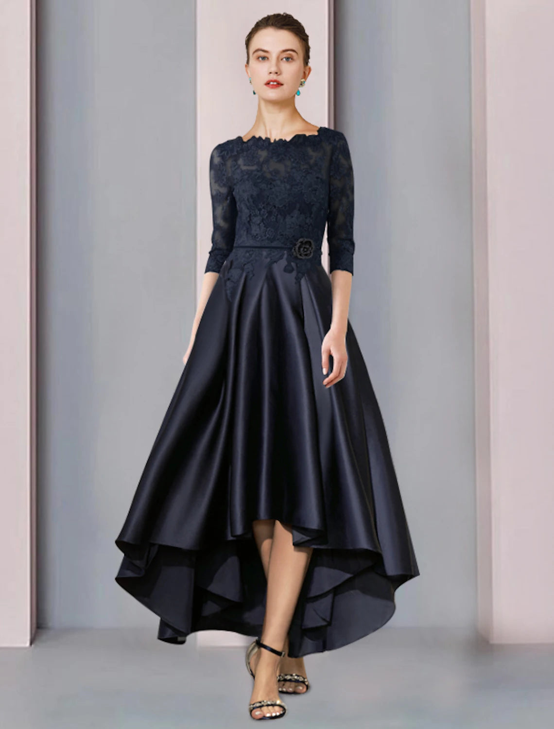 Women's Formal Clothes A-Line Mother of the Bride Dress Wedding Guest Elegant High Low Scoop Neck Asymmetrical Tea Length Satin Lace 3/4 Length Sleeve with Pleats Appliques Flower