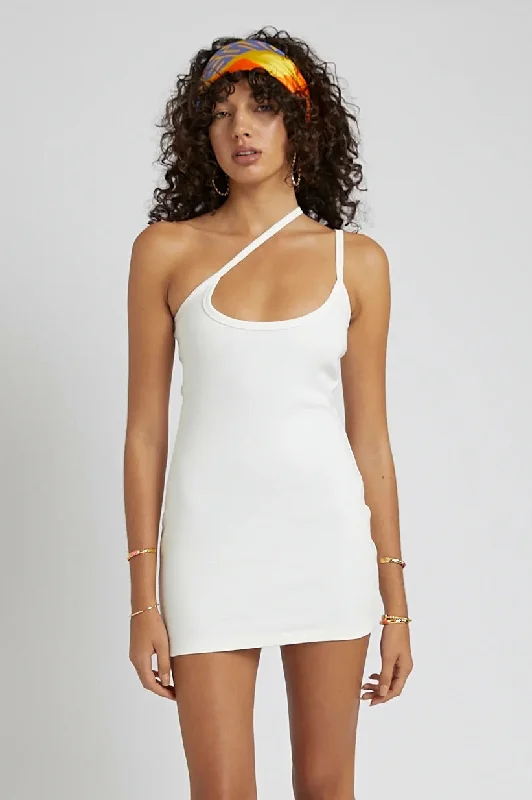 Women's Stylish Vacation Attire SUMMI SUMMI Womens One Shoulder Cross Over Mini Dress - White Sand