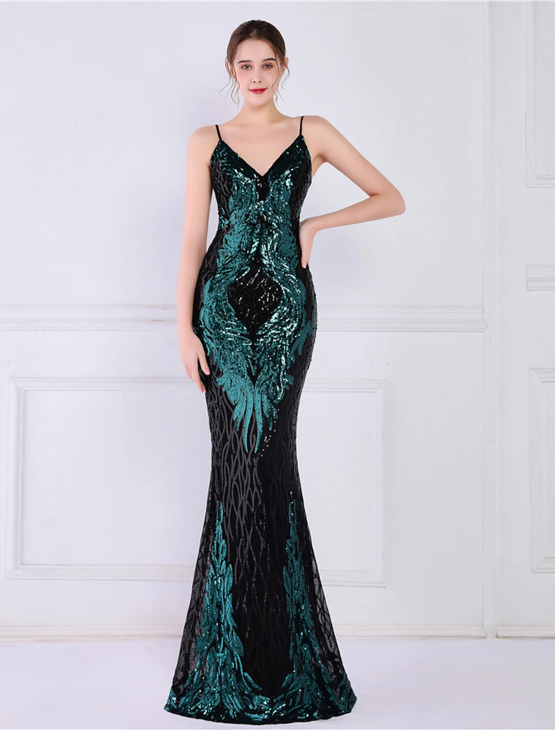 Vintage-Inspired Women's Apparel Mermaid / Trumpet Evening Gown Sparkle & Shine Dress Formal Wedding Guest Floor Length Sleeveless Spaghetti Strap Sequined with Sequin