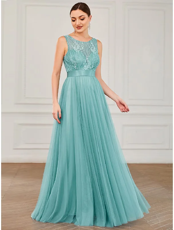 Women's Clothing Outfit Set A-Line Prom Dresses Elegant Dress Wedding Guest Floor Length Sleeveless Jewel Neck Tulle with Sequin Pure Color