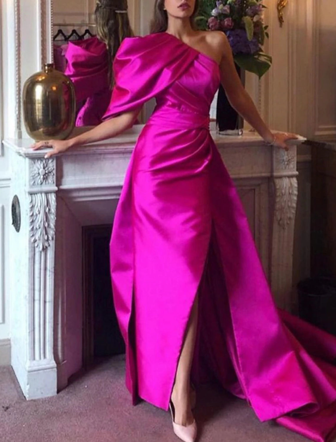 Women's Plus-Size Outfit Mermaid / Trumpet Evening Gown Hot Pink Dress Party Dress For Carnival Court Train Sleeveless One Shoulder Fall Wedding Reception Satin with Ruched Slit