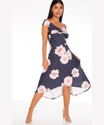 Classic Women's Clothing Styles Navy Floral Polka Dot Dress