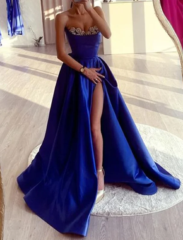 Women's Clothes For Work A-Line Evening Gown High Split Dress Wedding Prom Court Train Sleeveless Strapless Satin with Rhinestone Slit