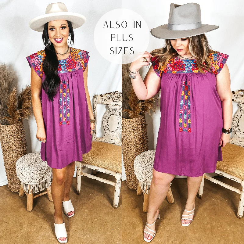 Sustainable Fashion Clothing For Women Headed For Happy Floral Embroidered Cap Sleeve Dress in Magenta Purple