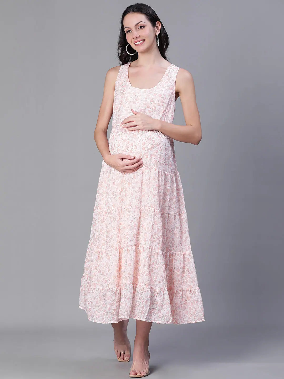 Women's Sporty Chic Clothes Light Pink Floral Print Sleeveless Maternity Long Dress