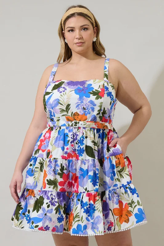 Women's Elegant Evening Attire Amania Floral Nayra Tiered Poplin Mini Dress Curve