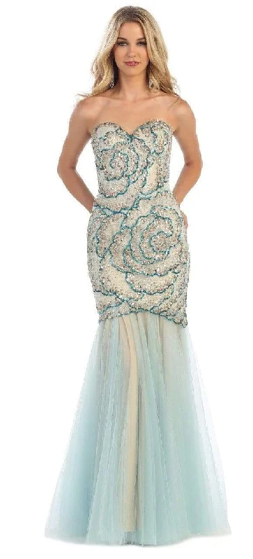 Affordable Women's Apparel May Queen - Sequined Rosette Motif Evening Gown RQ7289 - 2 pcs Aqua/Nude in Size 8 and 14 Available