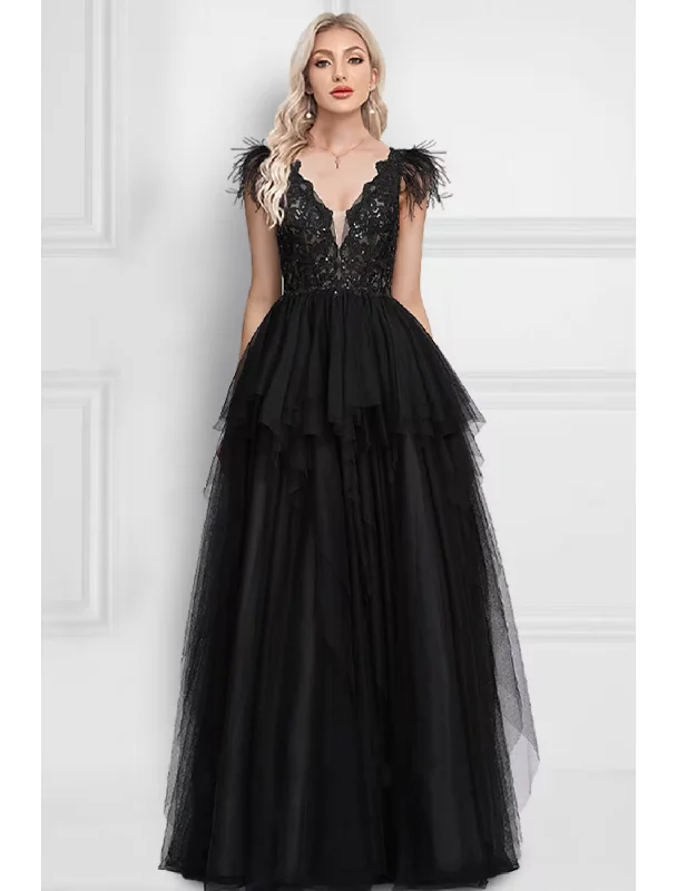 Women's Cozy Outfit For Lounging A-Line Prom Dresses Black Dress Wedding Party Floor Length Sleeveless V Neck Tulle with Feather Appliques