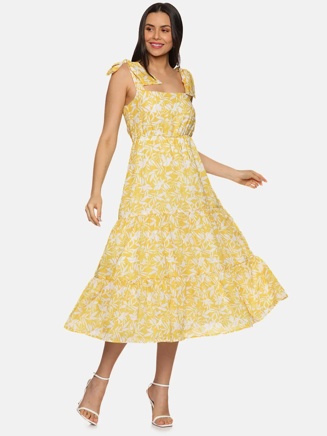 Women's Classic Outfit Floral Yellow Tie-up Dress