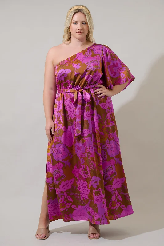 Women's Contemporary Apparel Lorian Floral Meara One Shoulder Satin Maxi Dress Curve