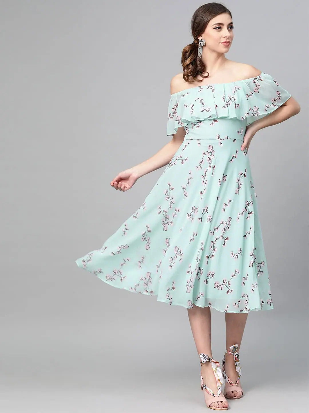 Women's Seasonal Clothes Sea Green Floral Off Shoulder Midi Dress