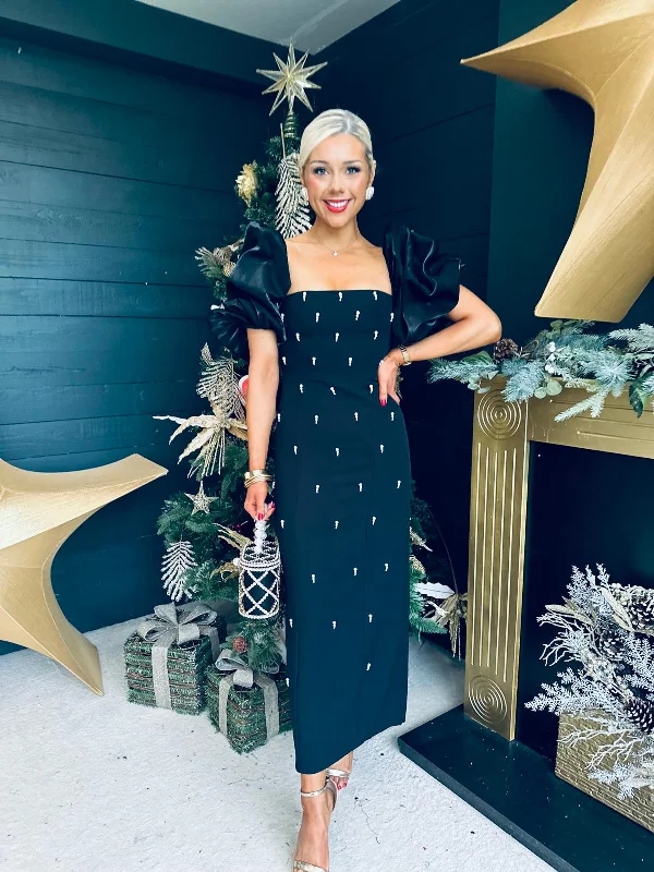 Women's Comfortable Lounge Outfit Ivy Embellished Occasion Dress Black