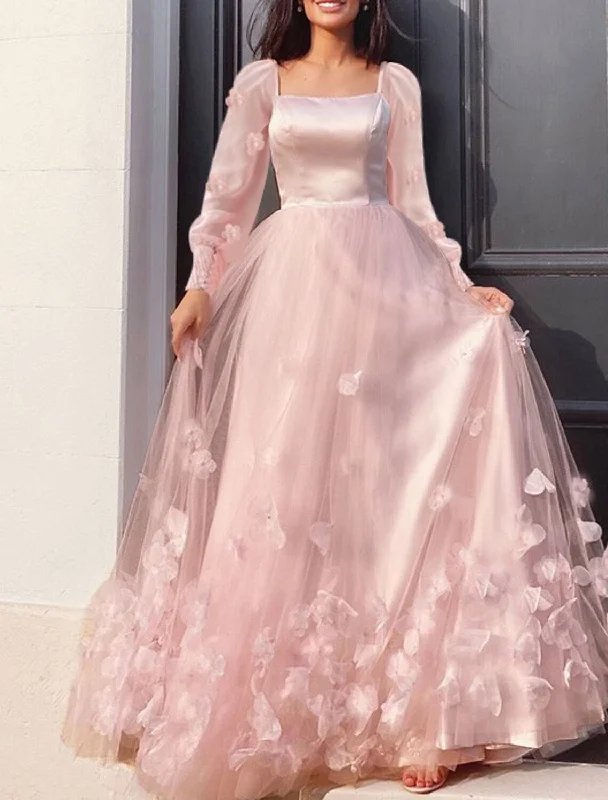 Women's Casual Apparel For Weekends A-Line Prom Dresses Maxi Dress Wedding Guest Sweet 16 Floor Length Long Sleeve Scoop Neck Tulle with Appliques Butterfly