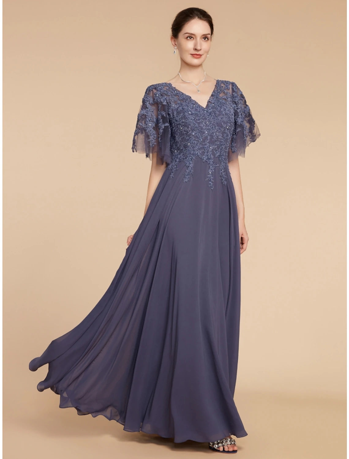 Stylish Women's Garments A-Line Mother of the Bride Dress Wedding Guest Elegant V Neck Floor Length Chiffon Lace Short Sleeve with Sequin Ruching Solid Color