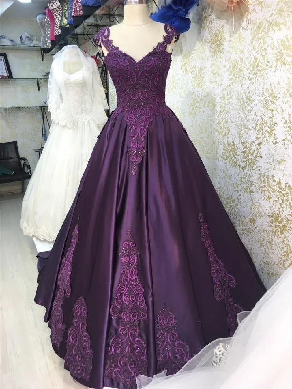 Fashionable Women's Outfit Purple Gorgeous Exquisite Floral Applique Lace Long Satin Ball Gown Evening Dress gh3218