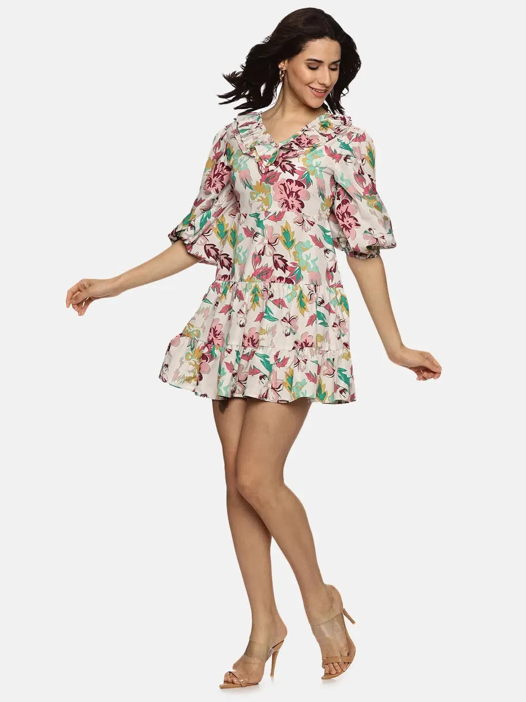 Women's Cozy Outfit For Lounging Floral Multicolor Puff Sleeve Mini Dress-17313